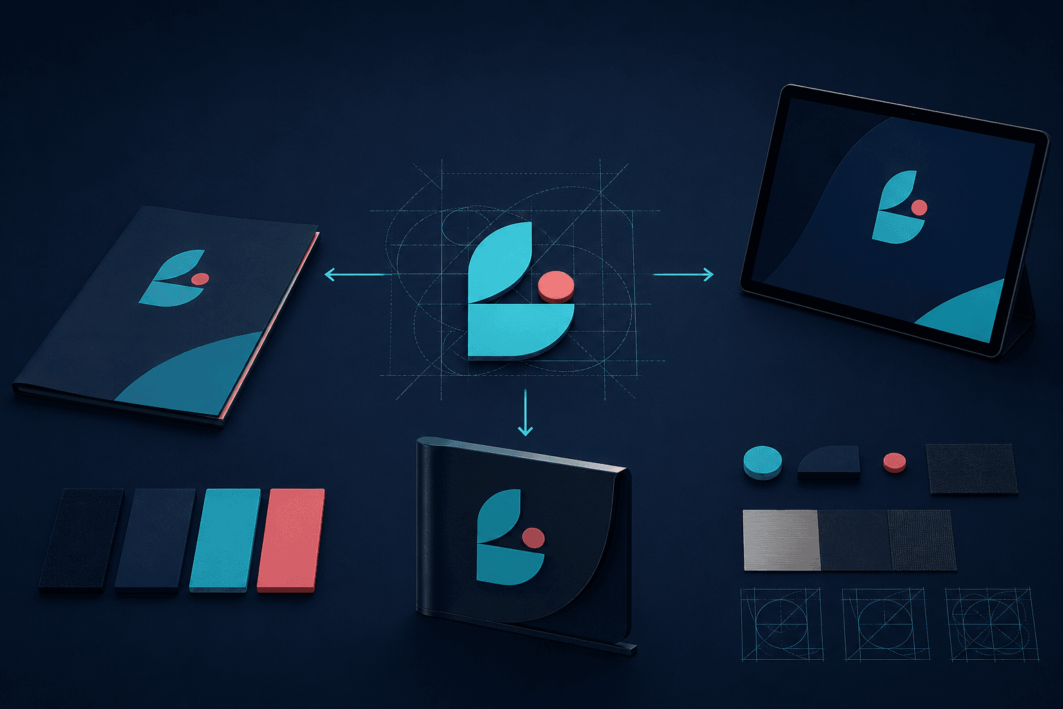 Illustration de l'offre identité visuelle : logo, palette et système graphique cohérent