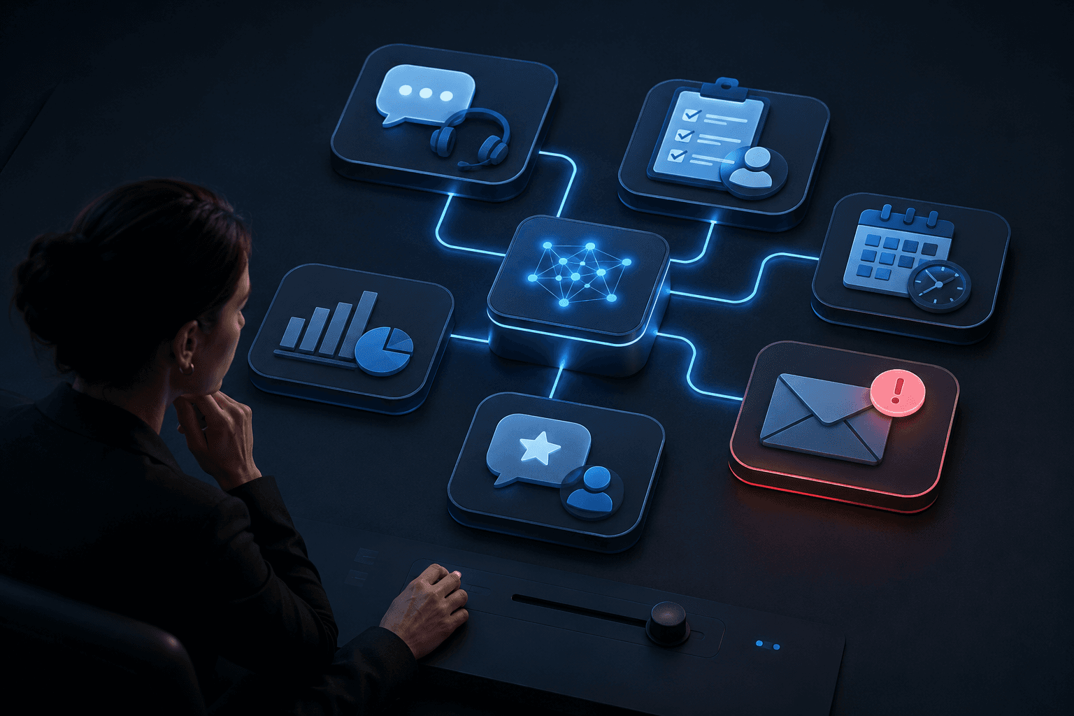 Illustration de l'offre automatisations et agents IA : orchestration des demandes, relances et reporting