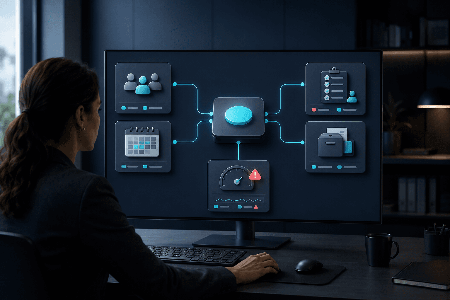 Illustration de l'offre logiciel métier sur mesure : interface centralisée, rôles et tableaux de bord